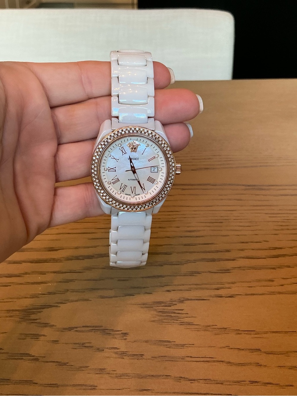 Versace White Ceramic Watch with Rose Gold Crystal Bezel